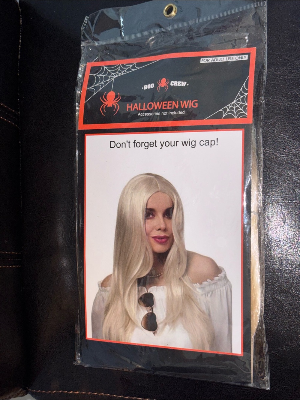 Boo Crew Halloween costume wig in blonde long hair labeled for adult use